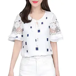 Женские Летние повседневные рубашки с оборками, с коротким рукавом, с круглым вырезом, с принтом, блузка, blusas mujer de moda, 2019 blusa feminina, рубашки #30