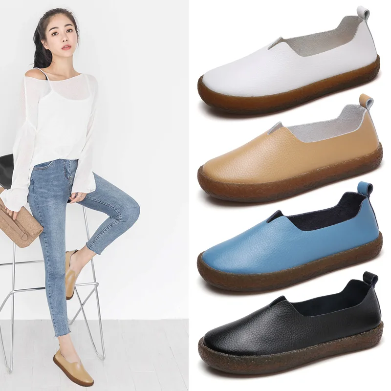

New Style Moccosins Women's Korean-style Large Size Shoes Genuine Leather Mom Shoes Anti-slip WOMEN'S Flat-heeled Shoes Summer C