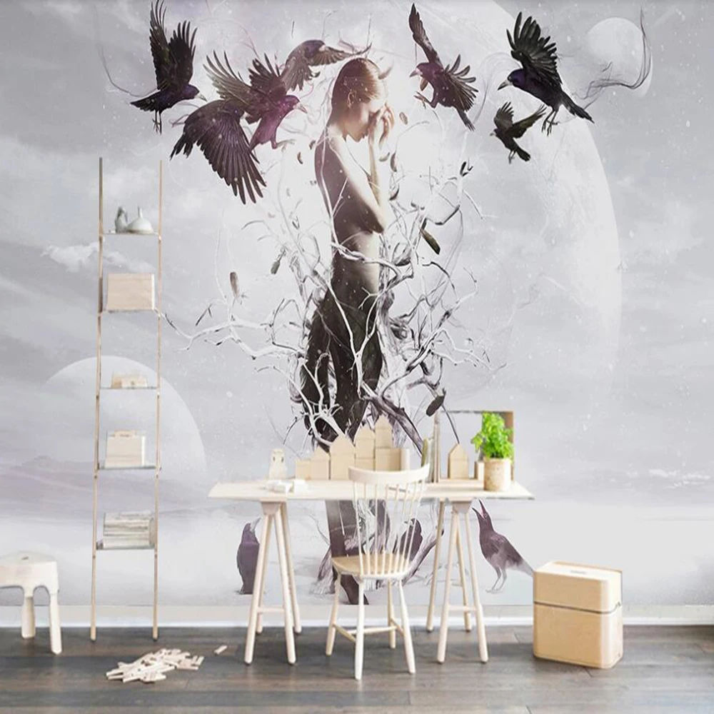 

Drop Shipping Custom Wallpaper Mural European Minimalist Abstract Beautiful Figure Sky Crow Tree Wall Decoration Wallpaper