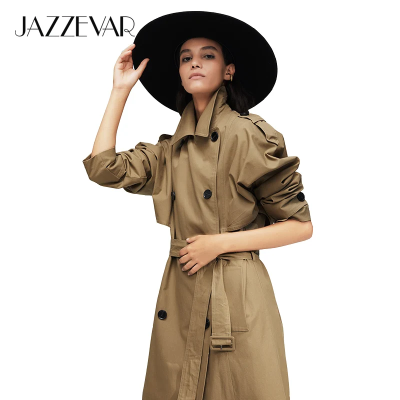 Goedkoop Jazzevar 2019 Nieuwe Collectie Herfst Trenchcoat Vrouwen Katoen Gewassen Lange Double Breasted Geul Losse Kleding Hoge Kwaliteit 9013