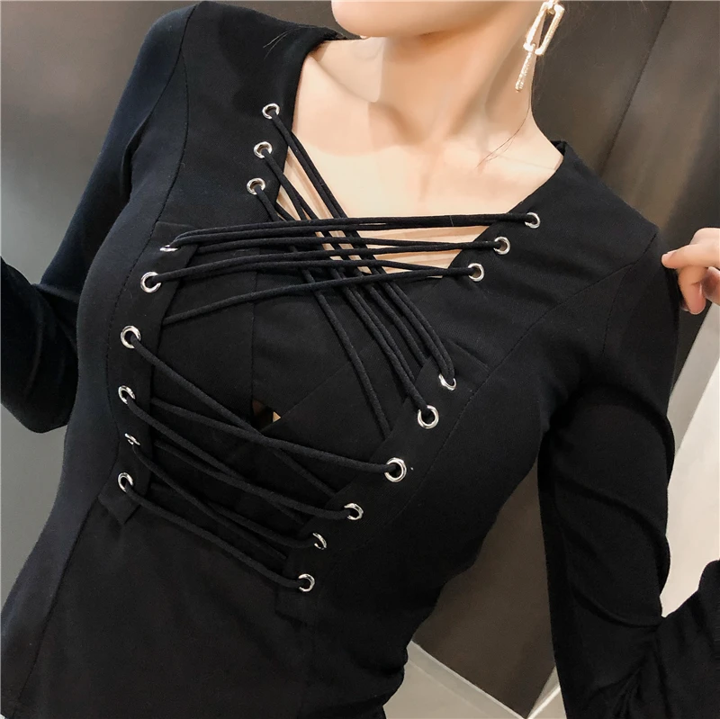 Moda feminina хипстер Клубные футболки весна осень Брендовая женская футболка тонкий короткий топ с длинными рукавами camisetas mujer бандажные футболки