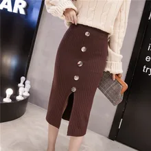 Высокая талия осень зима трикотажные женские юбки Теплая юбка длинные женские ребристые юбки с пуговицами-82