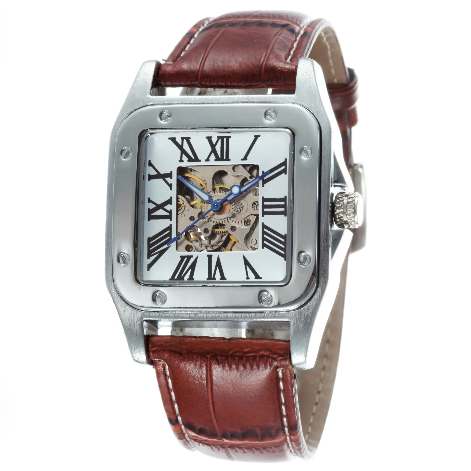

Goer Fully Automatic Analog Watch Square Watchcase Rome Letter Decoration Hollow out Leather Belt MEN'S Watch Gz0058