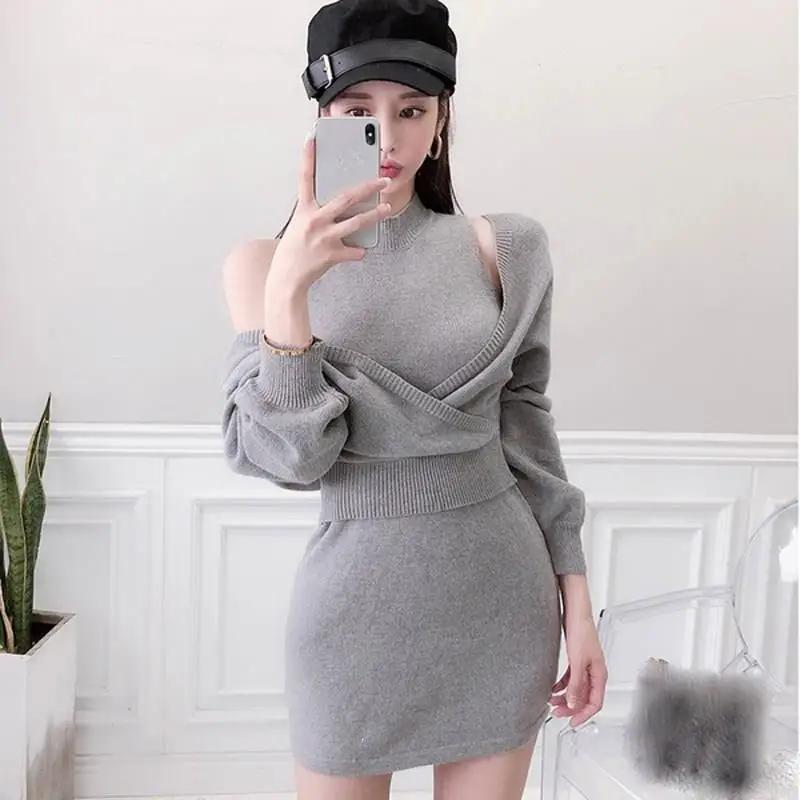 

Women Solid Knitted Pullover Sweater And Bodycon Knit Dress Two Piece Sets Sweater Dresses Off Shoulder Sexy Suits