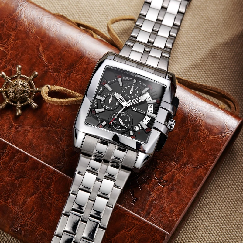 Люксовые часы от бренда MEGIR, Для мужчин большой циферблат Роскошные Лидирующий бренд Кварцевые наручные часы Творческий Бизнес Нержавеющая сталь спортивные часы мужские Relogio Masculino