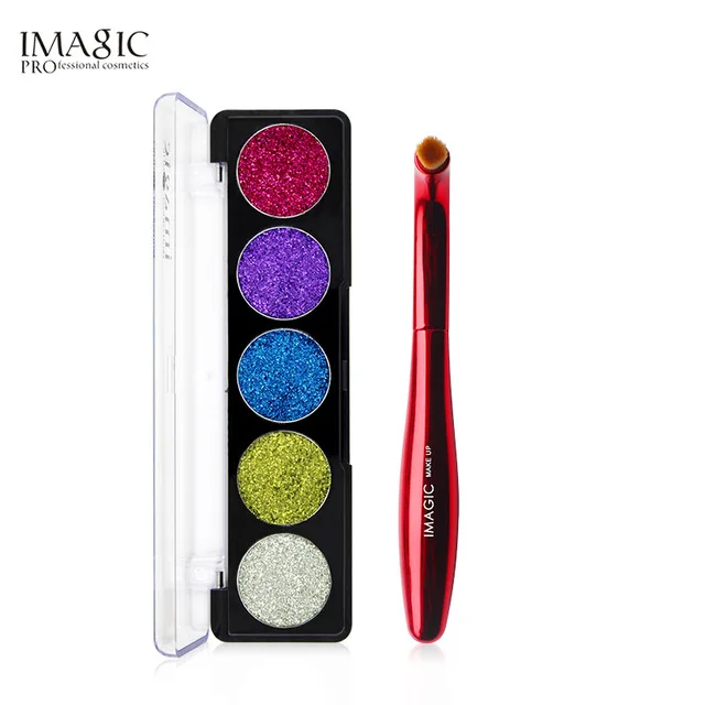 

IMAGIC 5 Color Glitter Eye Shadow Bright Rainbow Make Up Pressed Glitters Diamond Eye Shadows Cosmetic with Eyeshadows brush