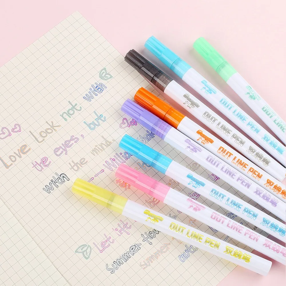 Colored Ink Pen Coloured Markers Textas Gift Card Writing and Drawing Double Line Outline Pen 8 Color for Child Painting diy #4  (8)
