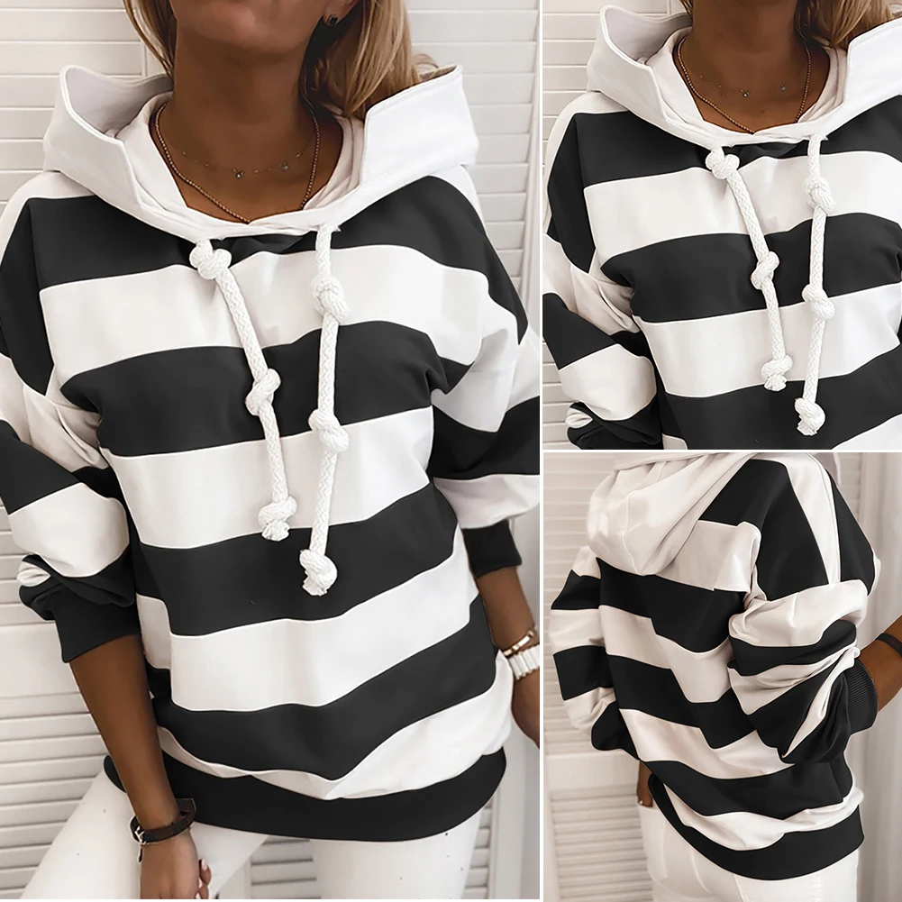 Women Casual Autumn Stripes Color Block Drawstring Hood Sweatshirt Hoodie Blouse Hand Wash with Hood Regular Polyester Spandex