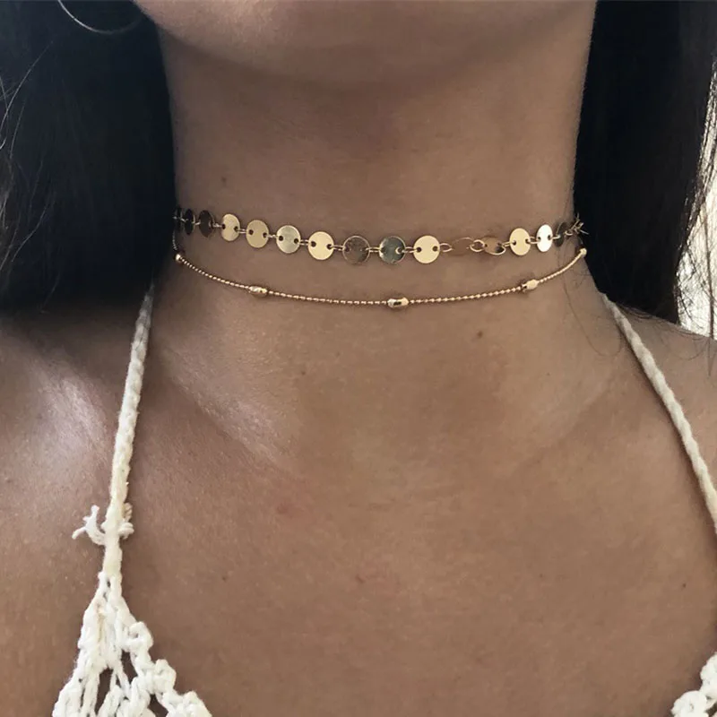 

Simple Fashion Copper Round Sequins Choker Necklace Women Beads Chain Geometric Chocker Collar Clavicle Necklace Jewelry YN1017