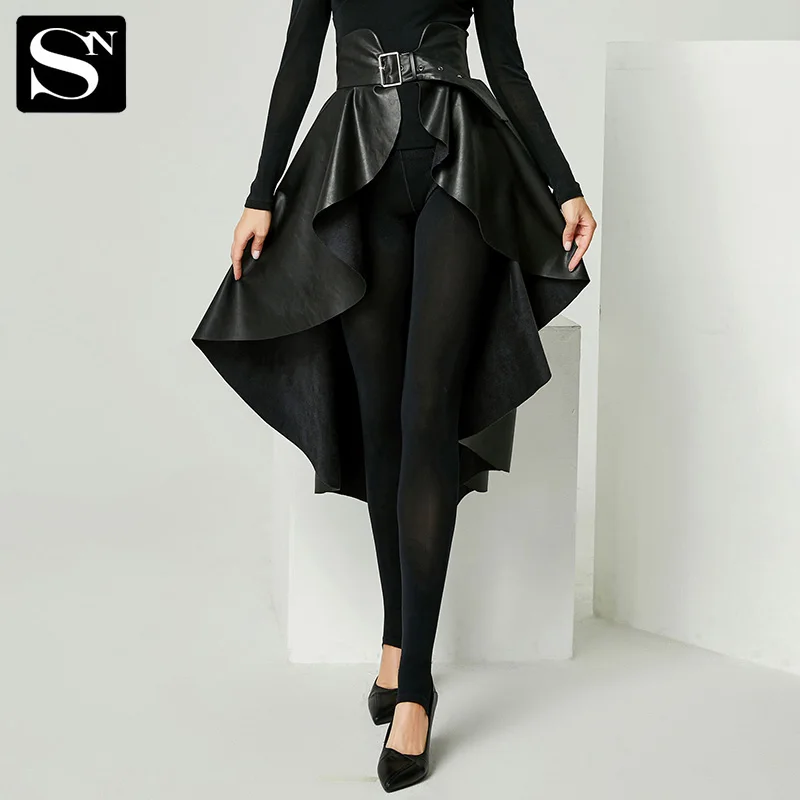 TIYIHAILEY Free Shipping 2022 New Fashion Stretch Long Mid-calf PU Leather Women S-3XL High Waist High Low Ruffles Black Skirts