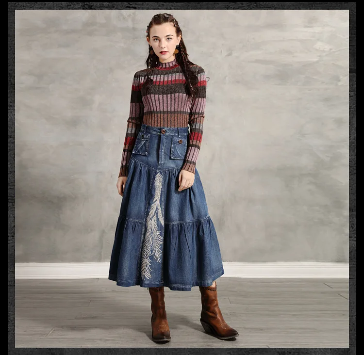 Autumn Winter Denim Skirt New Women A-line Ruffles Vintage embroidery Blue Jeans Skirts
