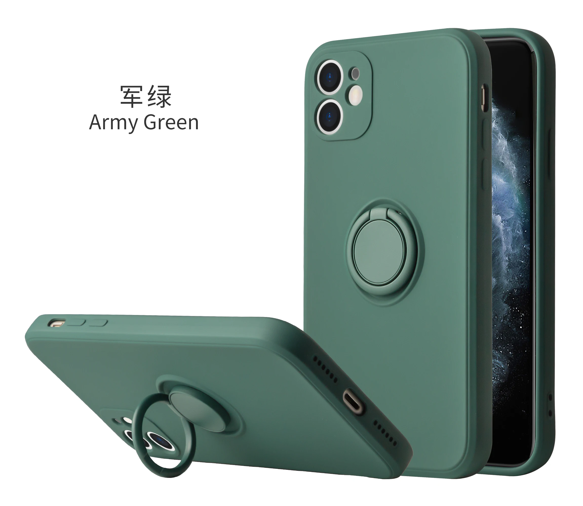 

Solid Solor Silicone Case For iPhone 12 11 Pro max X XS MAX XR 7 8 Plus 360-degree Rotating Ring Stand Soft Cover