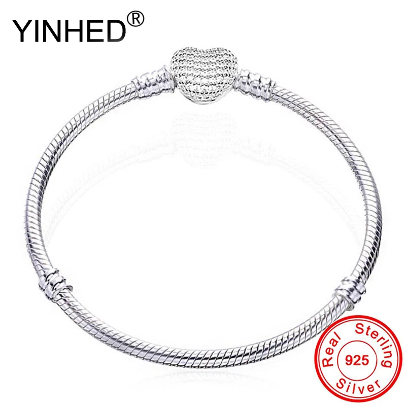 YINHED подлинное серебро 925 пробы зажим-сердце с хрустальной панелью браслет для женщин Подходит бисера Европа DIY Ювелирные изделия ZB039