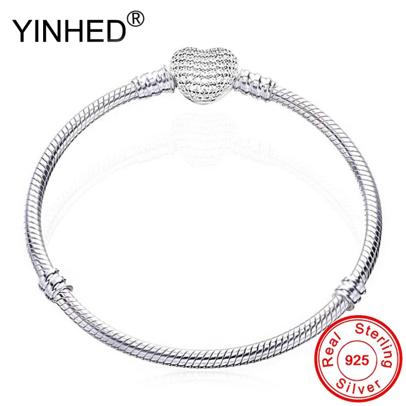 

YINHED Genuine 925 Sterling Silver Original Heart Clasp with Crystal Pan Bracelet for Women Fit Bead Europe DIY Jewelry ZB039