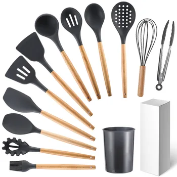 

Wooden Handle Silica Gel Kitchen Ware Non-stick Pot Kitchen Tools Baking Set Cooking Shovel 12 Pieces Containing Bucket