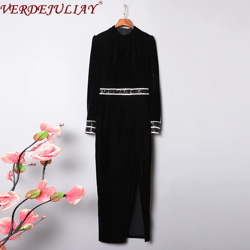 

VERDEJULIAY High Quality Velvet European Retro Irregular Party Dresses Women Luxury Diamonds & Sequins Asymmetric Mid-Calf Dress