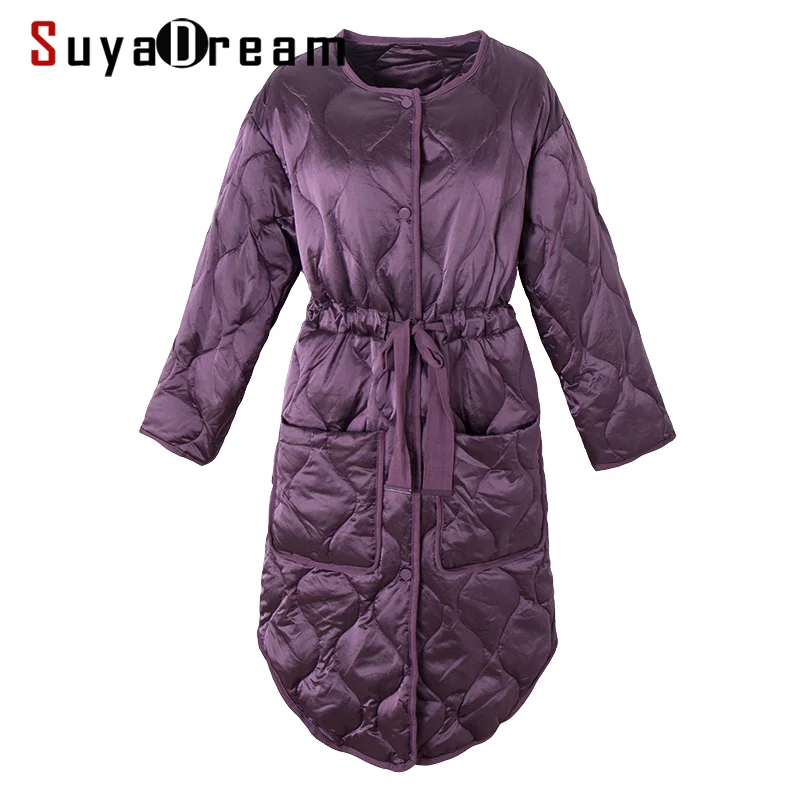 SuyaDream, женские Стеганые Длинные пуховые пальто, одноцветные, с поясом, Длинные теплые парки,, зимняя длинная верхняя одежда