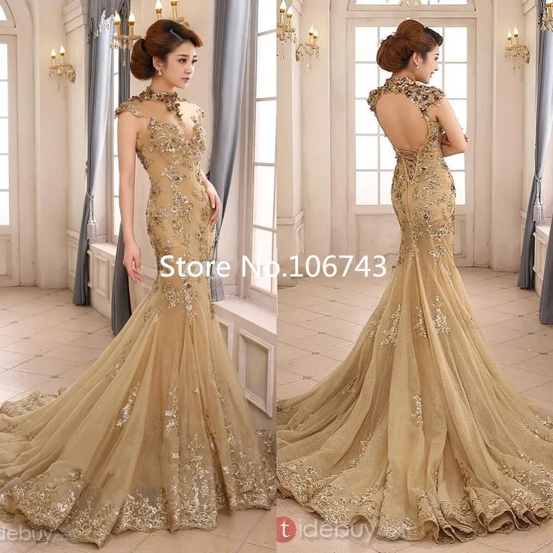 

2018 Luxury Gold Mermaid High Neck Sheer Illusion Beaded Applique Sweep Train Backless Bridal Gown Mother of the Bride Dresses
