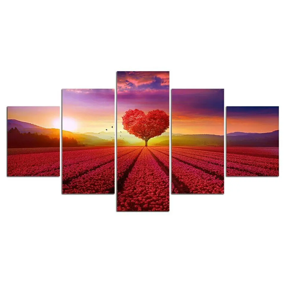 

5 Pcs Canvas Pictures Print Wall Art Canvas Paintings Wall Decor Red Heart Tree Flower Field Print for Living Room Unframed