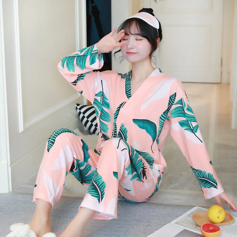 Новые Брюки с принтом осенне-зимний комплект одежды для сна женская ночная рубашка кимоно ванная комната женские пижамные комплекты набор длинных брюк халат Дамская пижама