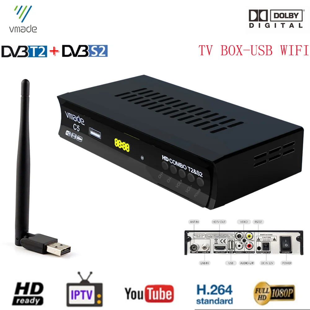 

HD 1080P Digital Terrestrial Satellite Receiver TV Tuner With USB WiFi DVB-T2/S2 Combo Support Dolby PVR Cccam Set Top Box