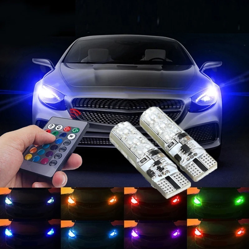 2x T10 водонепроницаемый W5w 501 Автомобильный Клин боковой светильник Bulb-6SMD 5050 RGB 7 цветов светодиодный пульт дистанционного управления(без батареи) стробоскоп