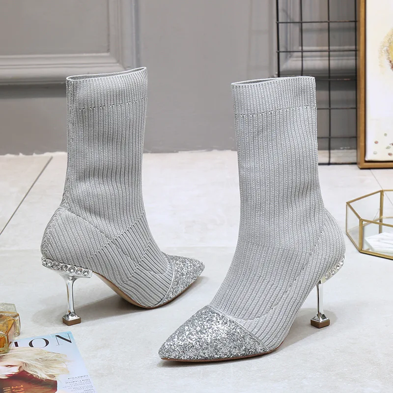 

2019 Autumn And Winter New Style Knitted Joint Glitter Sequin Slimming Knit Boots Pointed Toe Thin Heeled Socks Boots