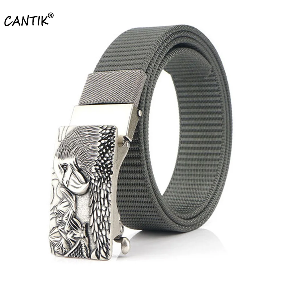 

CANTIK Unique Eagle Head Pattern Automatic Buckle Quality Nylon Belts Men Fashion Canvas Belt Jeans Accessories 3.5cm CBCA258