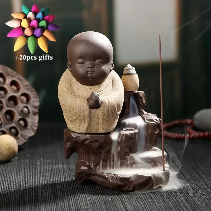 Beige Home Decor The Little Monk Small Buddha Backflow Incense Burner Creative Incense Stick Holder Waterfall Censer+ 20pcs Cones - Цвет: Beige