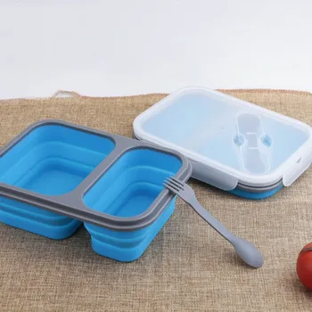 

New 2 Grid Lunch Box Leak proof Collapsible Silicone Food Storage Containers With Reusable Utensil