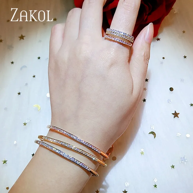 ZAKOL новости регулируемый браслет кольцо Набор для женщин пленительный бар слайдер Блестящий CZ циркония ювелирные изделия Pulseira Feminia FSSP3019