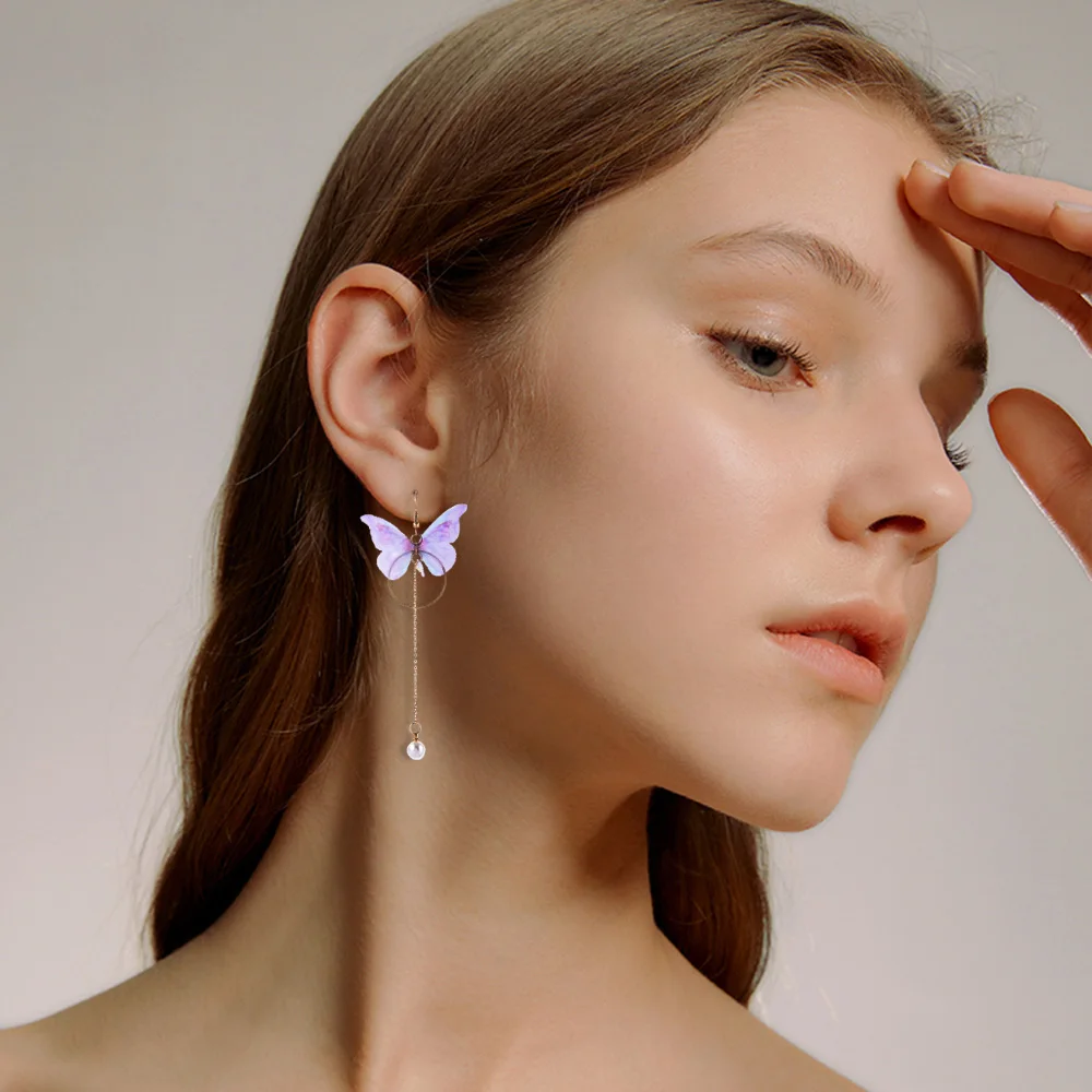 Серьги асимметричные с жемчугом и бабочкой для женщин длинные богемные