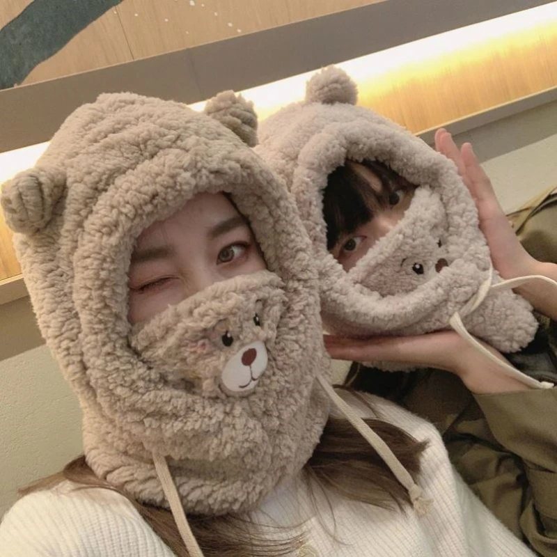 

Autumn and Winter New Ladies Hooded Caps, Scarves, Masks, One-piece Bear Cap, Outdoor Warmth, Cute Wild Windproof Mask Hat