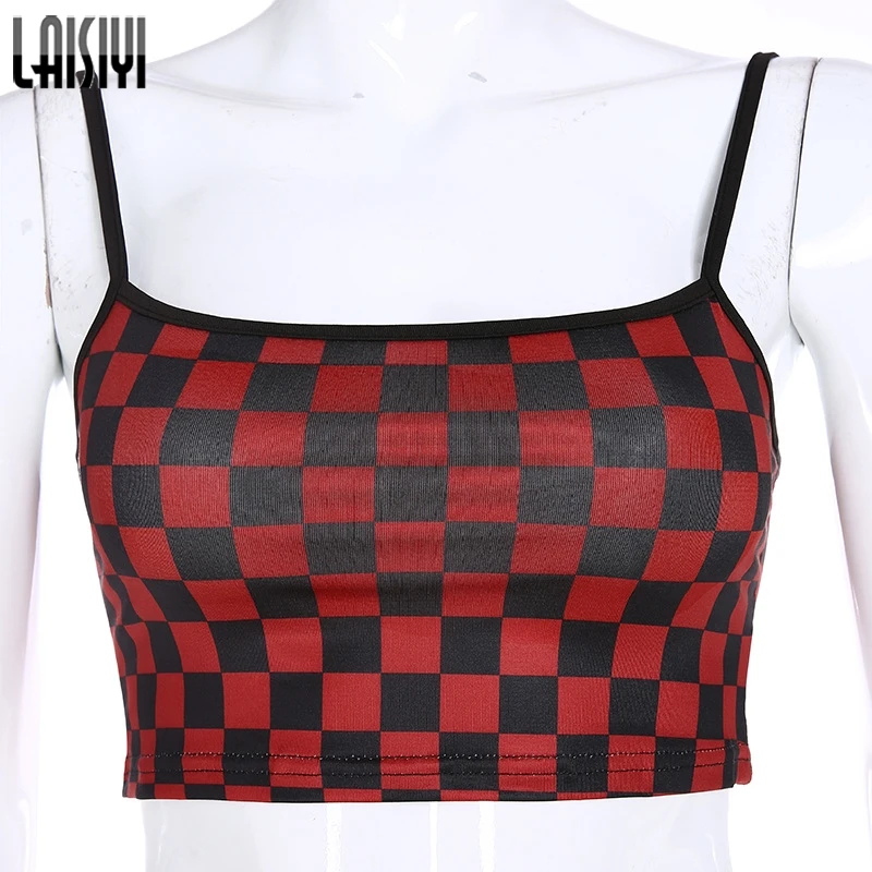Красный LAISIYI, женские шикарные Plasid Camis, новинка, на тонких бретелях, модные короткие жилеты, осенние базовые Топы, уличная одежда, женский короткий топ ASVE20851 - Цвет: Красный