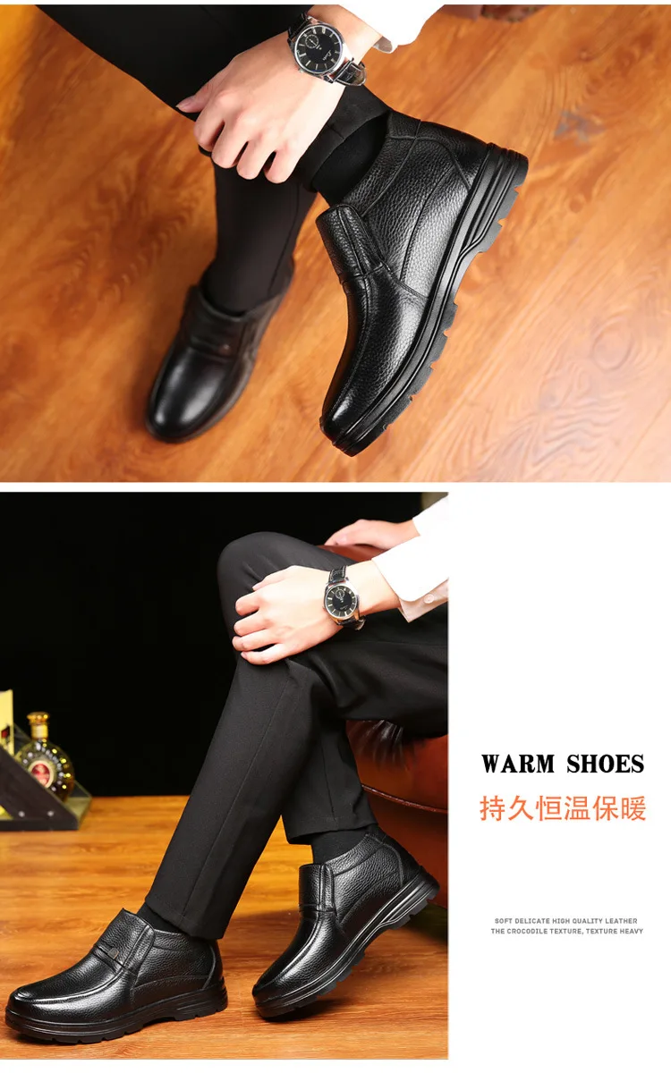 Мужские кожаные ботинки в деловом стиле плюшевые теплые зимние ботильоны мужская зимняя обувь без шнуровки для папы Большие размеры 38-48, черный и коричневый цвета