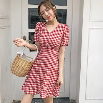 

A-line Slim Dress Women's Fresh Style Short Sleeve V Neck Plaid Casual Spring Natural Sashes Regular Knee-length Lanon Yuerlian