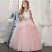Pink Flower Girl Dresses For Weddings Ball Gown Sweetheart Tulle Lace Bow Long First Communion Dresses Little Girl