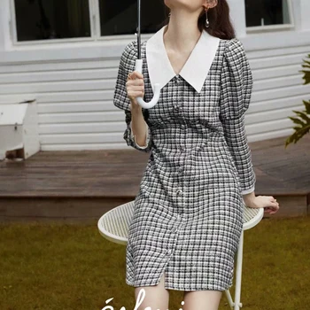

2020 Fall New Style Tweed Plaid Elegant Temperament Slim Long Sleeve Single Breasted Mini Dress Women High Quality Fashion