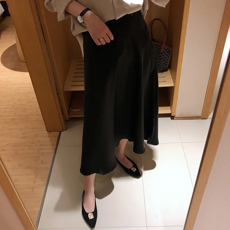 Осенняя Женская атласная шелковая юбка элегантный однотонный пуловер высокого качества Свободная Женская Офисная Женская юбка женская шифоновая длинная юбка