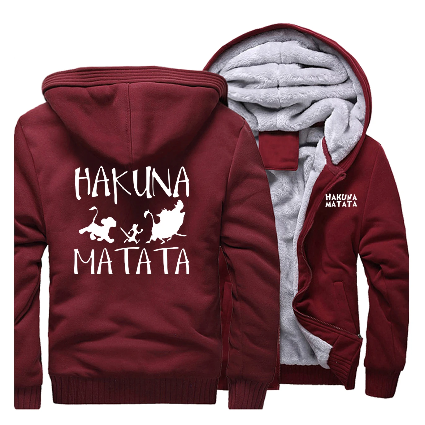 Hakuna Matata, мужской спортивный костюм, Король Лев, повседневное пальто, флисовые плотные куртки, зимний бодиутеплитель, уличная одежда, Мультяшные теплые толстовки - Цвет: Wine Red 1