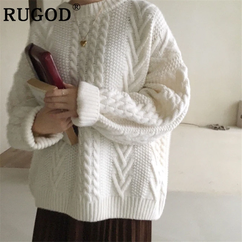 RUGOD корейский свитер женский элегантный круглый воротник витой свободный зимний теплый пуловер Женский Повседневный однотонный вязаный свитер большого размера