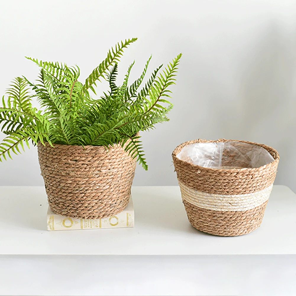 

3PCS Bamboo Storage Baskets Foldable Laundry Straw Patchwork Wicker Rattan Seagrass Belly Garden Flower Pot Planter Basket