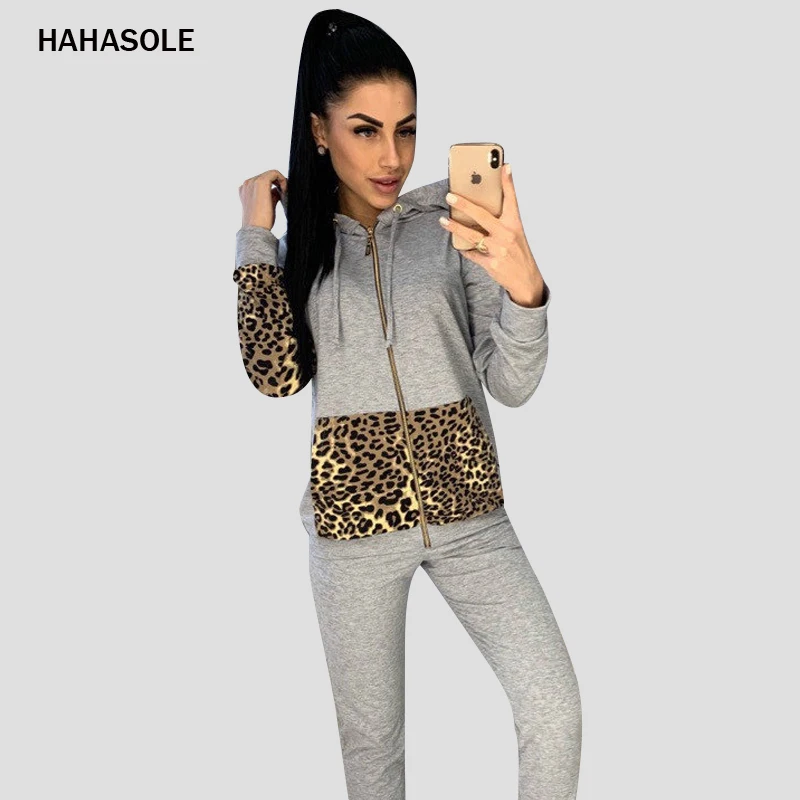 

HAHASOLE Leopard Patchwork Women Sports Suit Zipper Hooded Two-Piece Suit Quick Dry Elastic Runing Yoga Set Sportwear SWD12161-2
