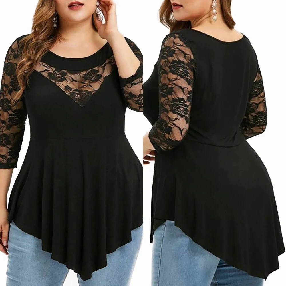 Large size Women blusas Sexy O-Neck Tshirt Plus Size 6XL Long Sleeve T-shirt Female Casual Hollow Lace Tees Tops Clothes D30