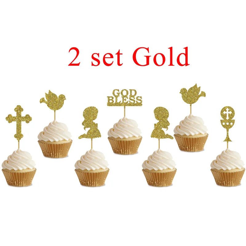 2Girls-Gold 2 комплекта Primera Comunión милые для торта топы для мальчиков и девочек молитва Бог благословит для детей Первое Святое Причастие вечерние украшения для торта - Цвет: 2Girls-Gold