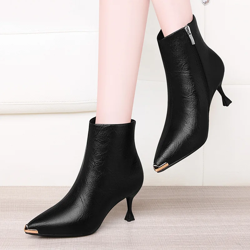 

Women's Pointed-Toe Europe And America High Heel Boots Women's Leather Boot 2019 Autumn And Winter New Style Ankle Boots Autumn