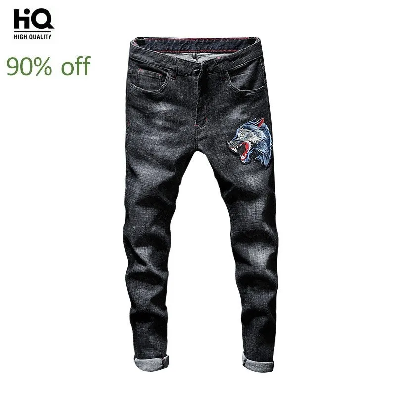 

2020 New Mens Straight Strechy Long Jeans Wolf Head Embroidery Denim Motorcycle Biker Pants Plus Size Streetwear Trousers Male