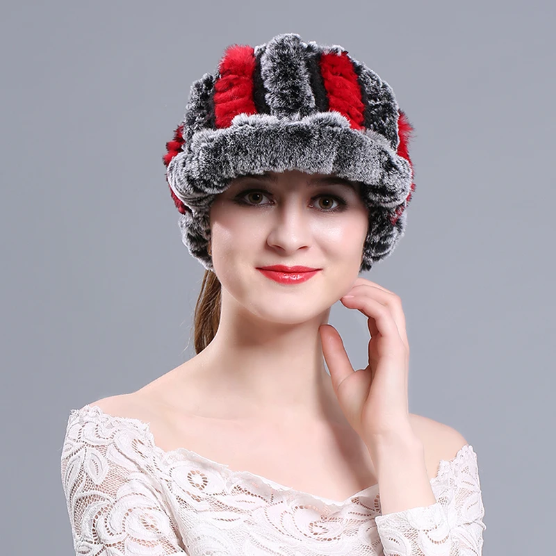 Winter Fashion Knit Real Fur Hats Women Warm Skullies Beanie ski snow
