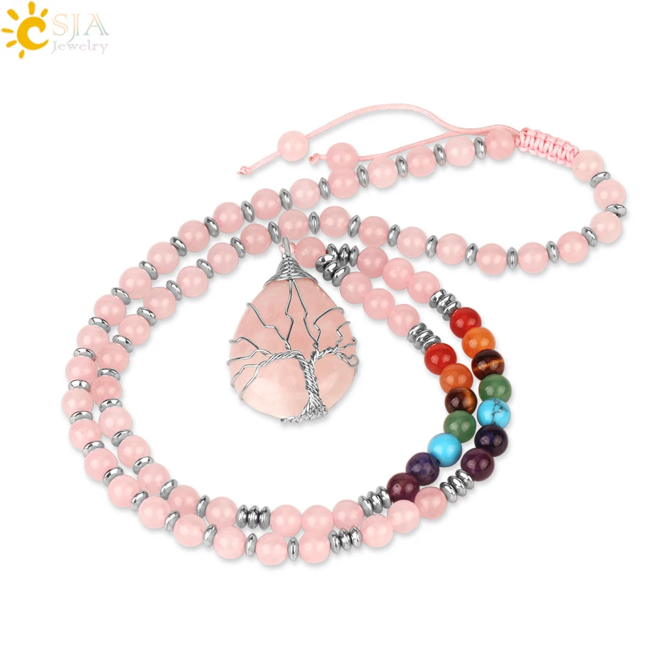 

CSJA Tree of Life Wire Wrap Water Drop Pendants Chakra Natural Stone Aventurine Pink Crystal Beaded Necklaces for Women Men S476