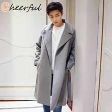

New Winter Fashion Long Wool Trench Coats Men Solid Blends Casual Loose Jackets Open Stitch Male Overcoat With Belt